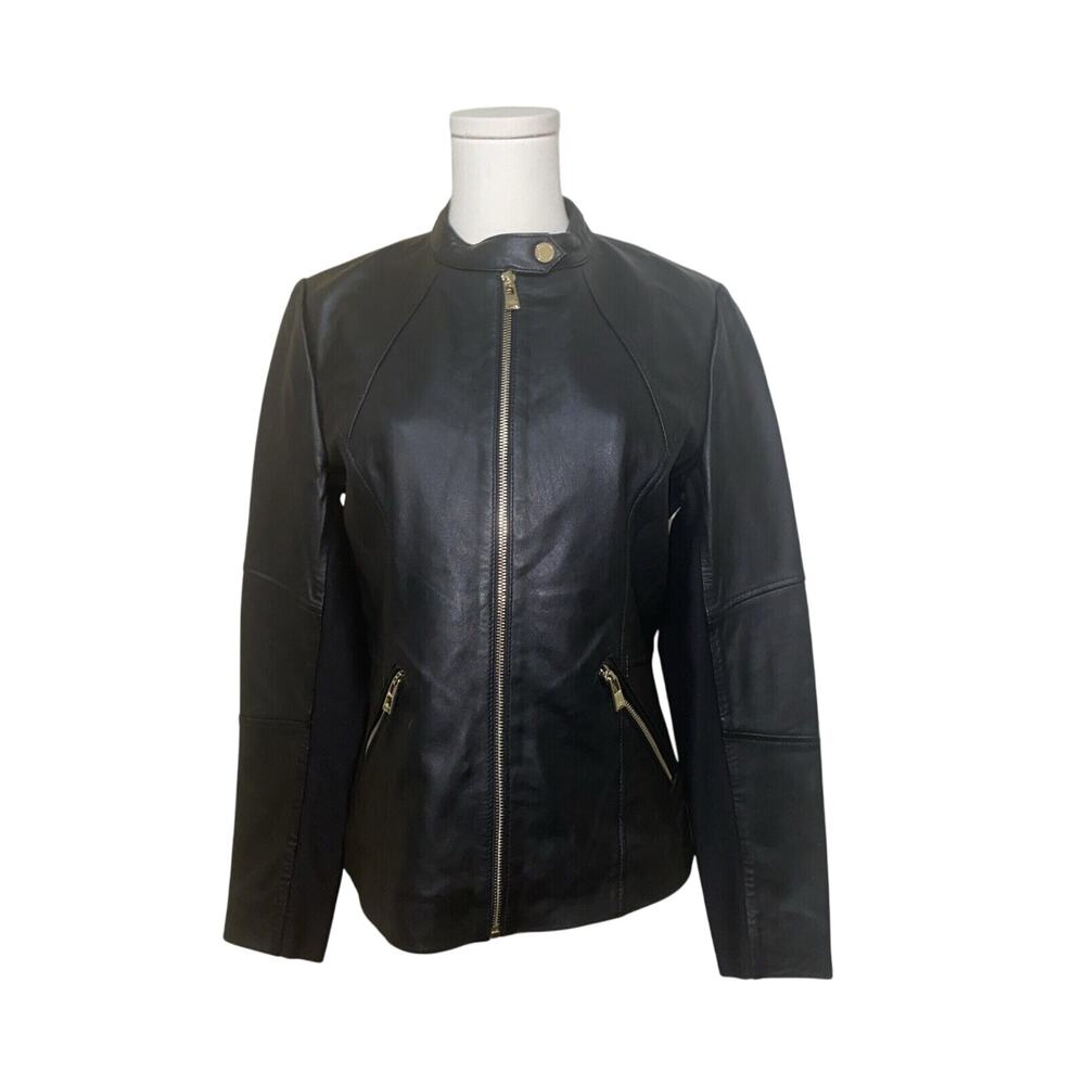 Karl Lagerfeld Paris Leather Moto Jacket Black Zip Front Women Small